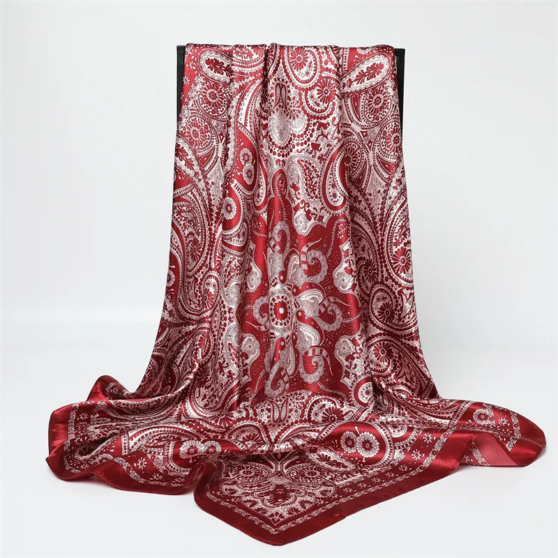 90*90cm Damen Mode Bedruckter Quadratischer Schal Großer Seidenschal Luxuriöses Strandtuch Wickeltuch Damen Hijab Halstuch – Detail 1