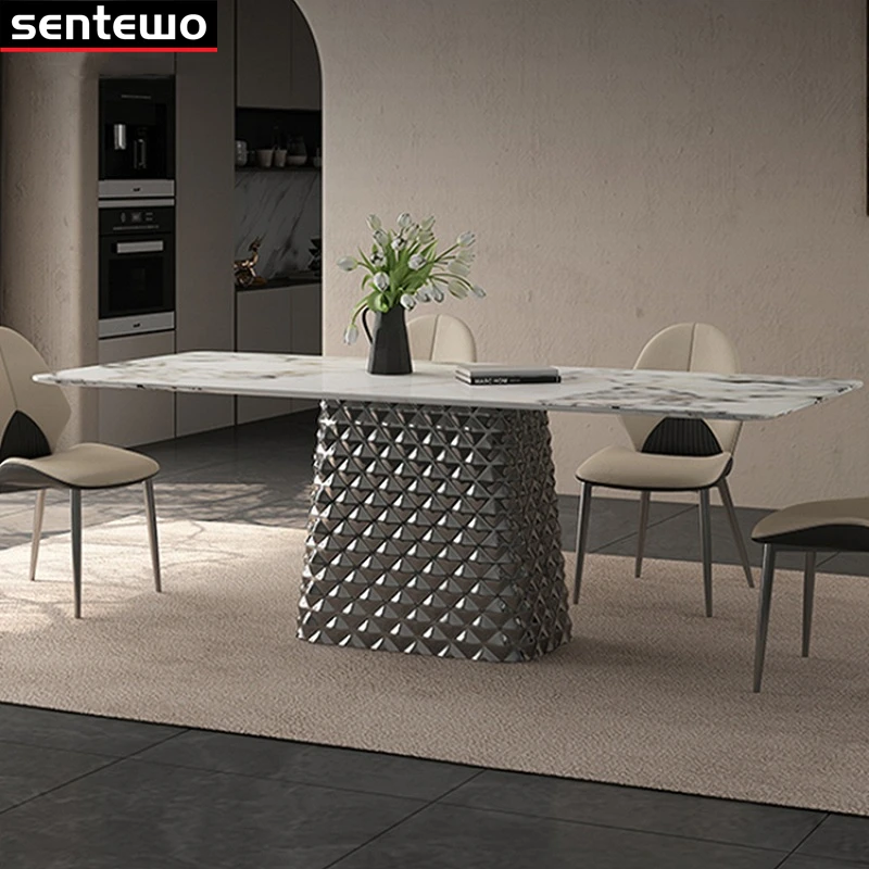 Luxury Dinning Room Marble Rock Slab Dining Table Set 4 6 8 Chairs Mesa De Jantar Tavolo Furniture Comedor Stainless Steel Base