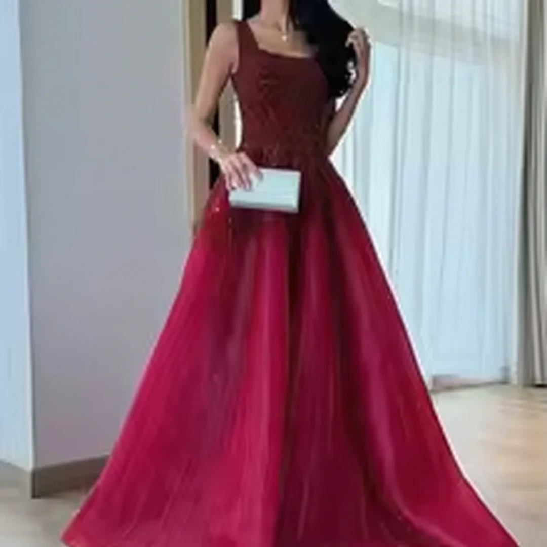 

Customized A-Line Organza Square Collar Evening Dress with Sparkly Sequined Crystal Lace Up Back Sweep Train Party Dresses