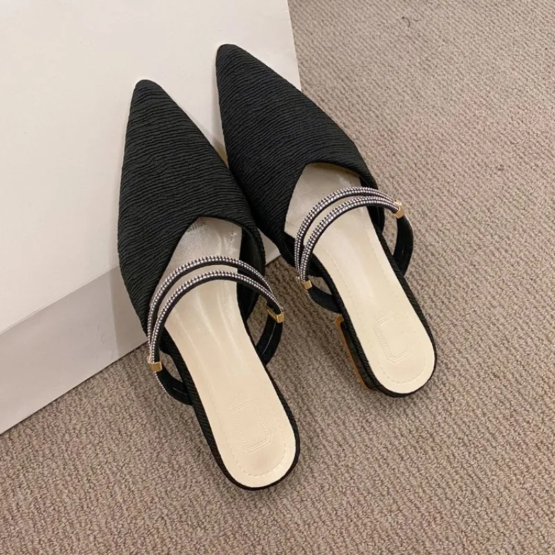 Women Mules Shoes 2024 Summer New Pointed Toe Chunky Heels Ladies Slippers Fashion Plus Size Dress Party Mid Heel Shoes Women