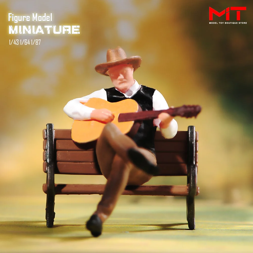 Miniature Figurines 1/87 1/64 1/43 1/24 Man Wear Hat Playing Guitar Male Sit on Bench Figure Creative Scene Props Diorama Model