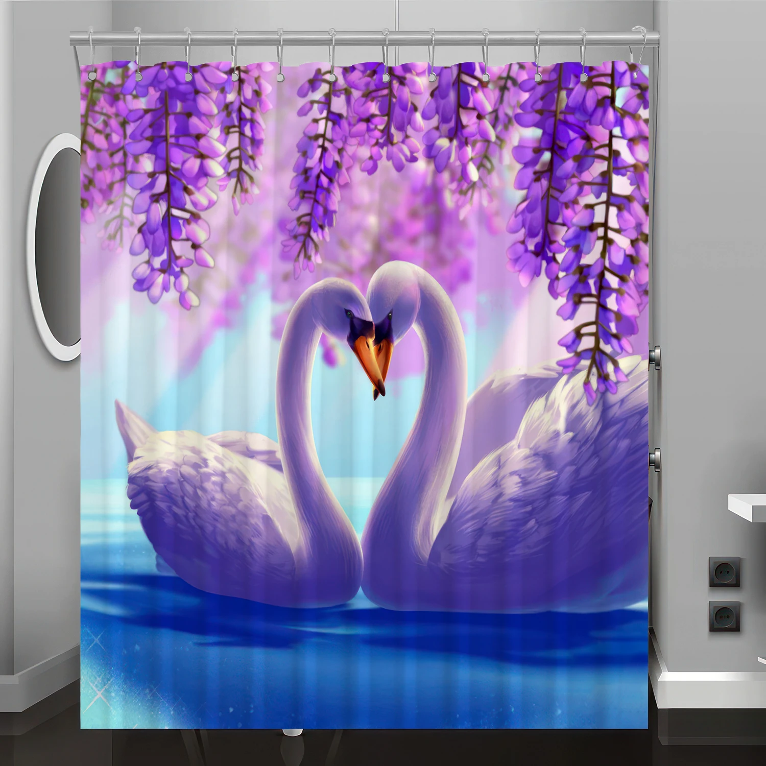 Swan motif digital print shower curtain