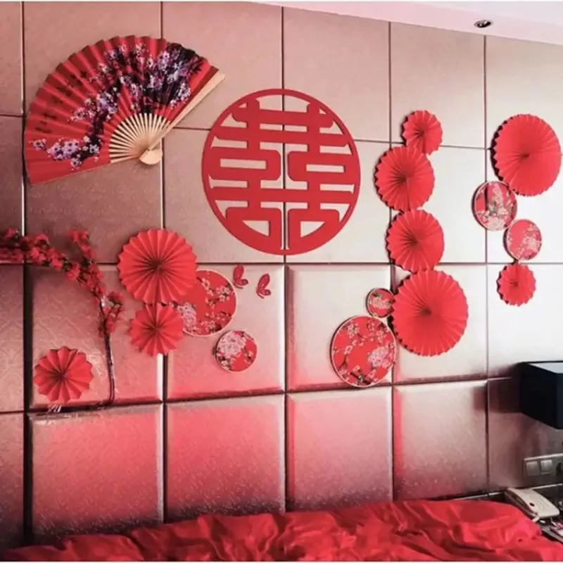 Chinese Style Red Wedding Decoration Fan Classical Festival Decorative Furnishings Fan Big Folding Hand Fan Performance Props