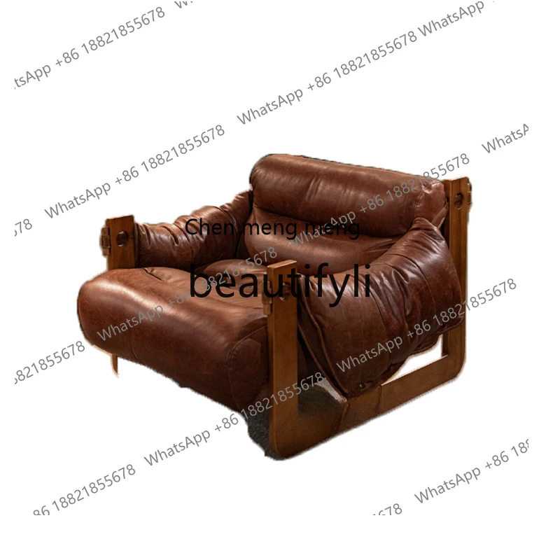 

Nordic leather light luxury reading chair medieval retro series living room bedroom high solid wood leather leisure chair H