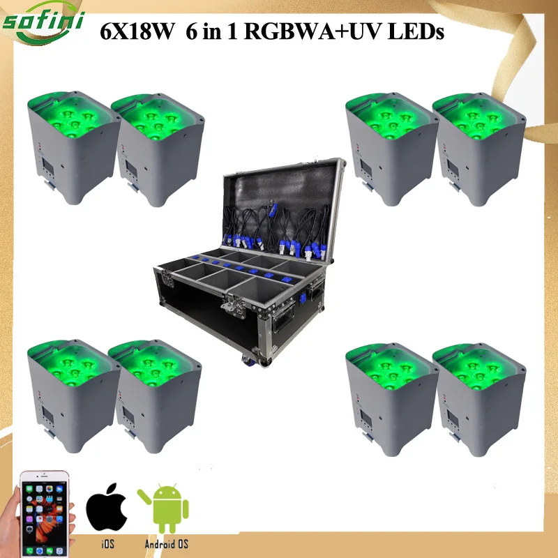 8PCS/ Lot  6x18w Wireless Battery Par With Flight Case RGBWA+UV WIFI APP Control Light For DJ Disco Wedding Stage Lighting