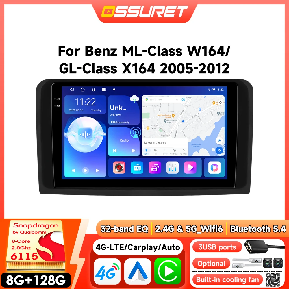 Autoradio Android pour Mercedes ML W164 X164 ML350 ML300 GL500 ML320 ML280 GL350 Carplay GPS 360Cam 6115 Écran tactile