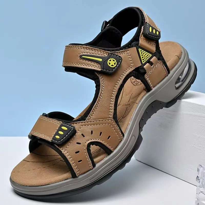Men 2026 Summer New Genuine Leather Big Size Beach Sandals Soft sole Non Slip Velcro One Word Outdoor Casual Sports Sandals