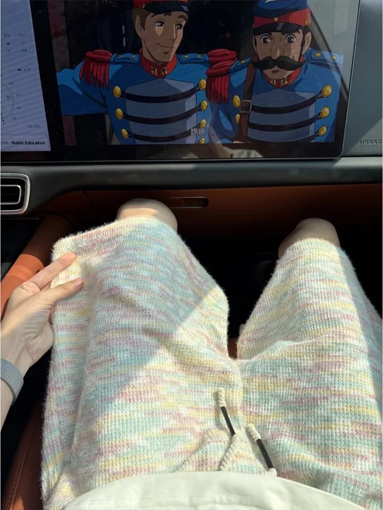 

Летние тонкие трикотажные мужские брюки-шорты (пять четвертей длины), повседневные, свободного кроя, с низкой посадкой, радужные, для пар, для прогулок и бега