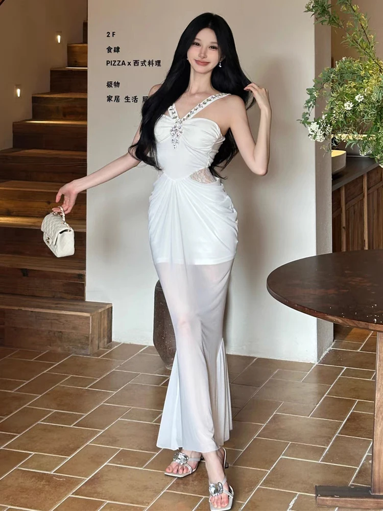 RORORIRI 쉬어 메쉬 스티치 레이스 다이아몬드 탱크 드레스 여성 오프 숄더 플리츠 슬림 Bodycon 인어 롱 드레스 섹시한 파티 의류