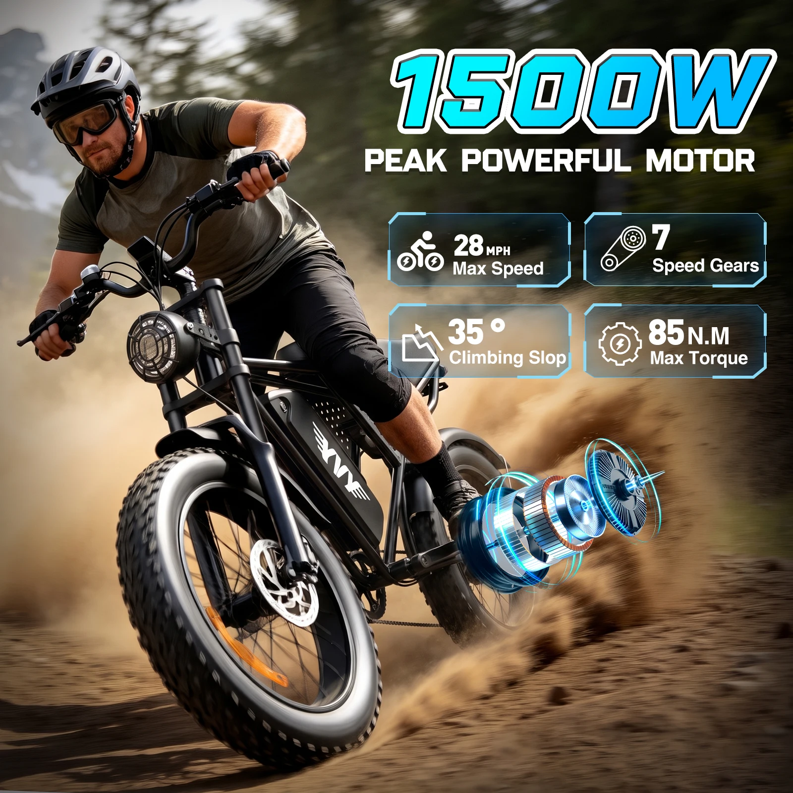 YVY K20 Lite 1500W Electric Bike for Adults 30MPH 48V 15.6Ah Off-road Trail 20*4 Inch Fat Tire E Bike 7 Speed Mountain Bike