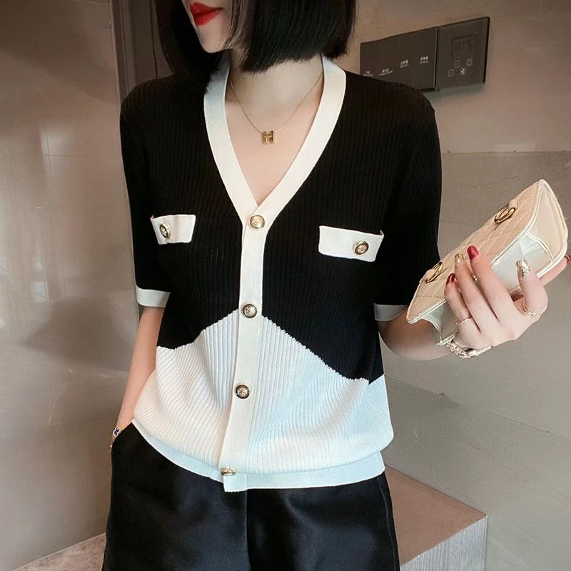 

Summer Fashion V-neck Patchwork Loose Casual Cardigan Sweater Ladies Short Sleeve Buttons Knitting Top Women Oversized T-shirt