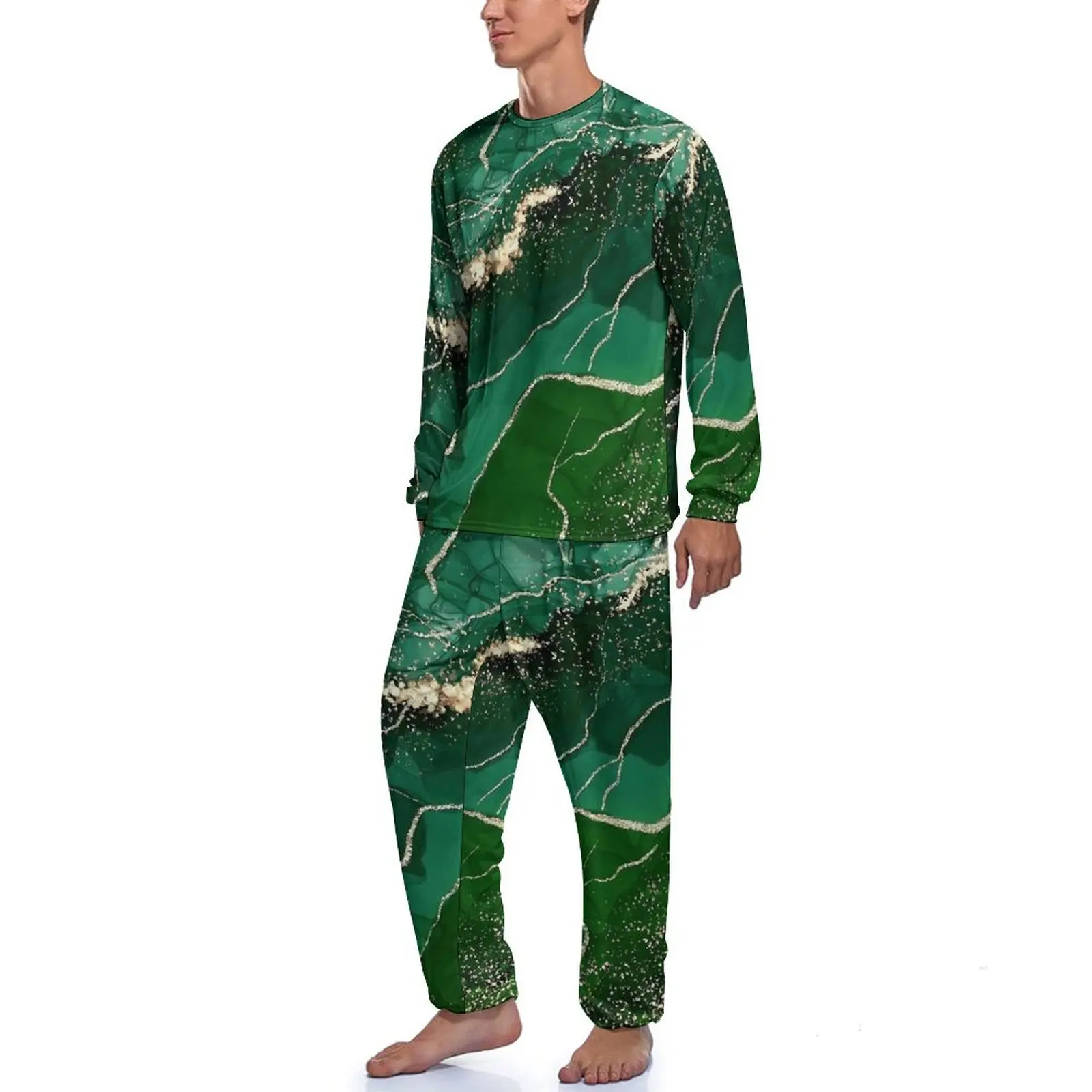 Green And Gold Marble Pajamas Daily  Sleep Sleepwear Man 2 Piece Custom Long Sleeve Kawaii Pajama Sets