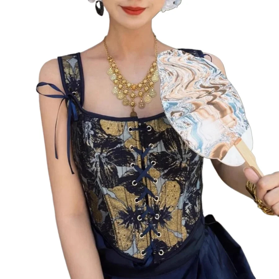 

Women Blue Gold Corset Overbust Black Gold Print Vintage Bodices Slimm Waist Lace Up Bustiers Lolita Elegant Top