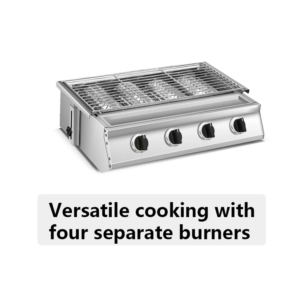 Kompor gas desktop berkepala empat dan pemanggang barbekyu digunakan sebagai kompor berkemah rumah tangga dan luar ruangan