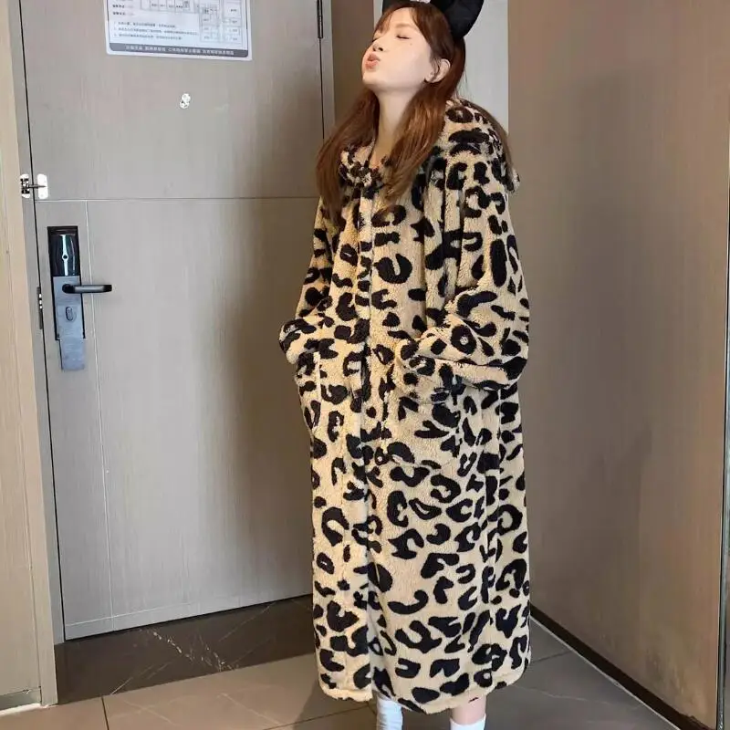 

Women's Clothing Robe Pajama Pants Leopard Print Coral Fleece Autumn and Winter Thicken Long Style Loose Pajamas Homewear