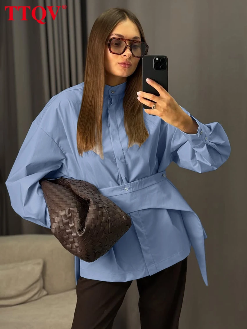 TTQV Kemeja Wanita Katun Biru Longgar Modis 2026 Blus Lengan Panjang Kerah Berdiri Kasual Pakaian Wanita Atasan Solid Klasik Elegan