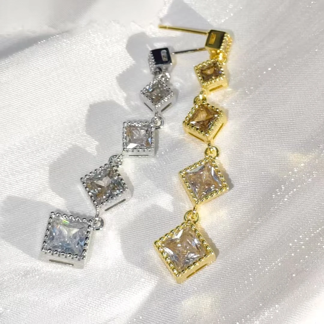 

925 Sterling Silver Light Luxury Square High-end Inlaid AAA Zircon Long Fringed Stud Earrings Elegant and Cold Style