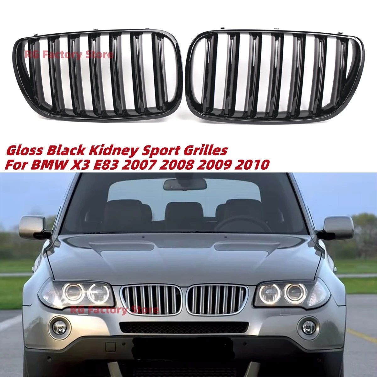 For BMW X3 E83 2007-2010 Front Bumper Kidney Grille Glossy Black Racing Grill Single Slat Sport Cover