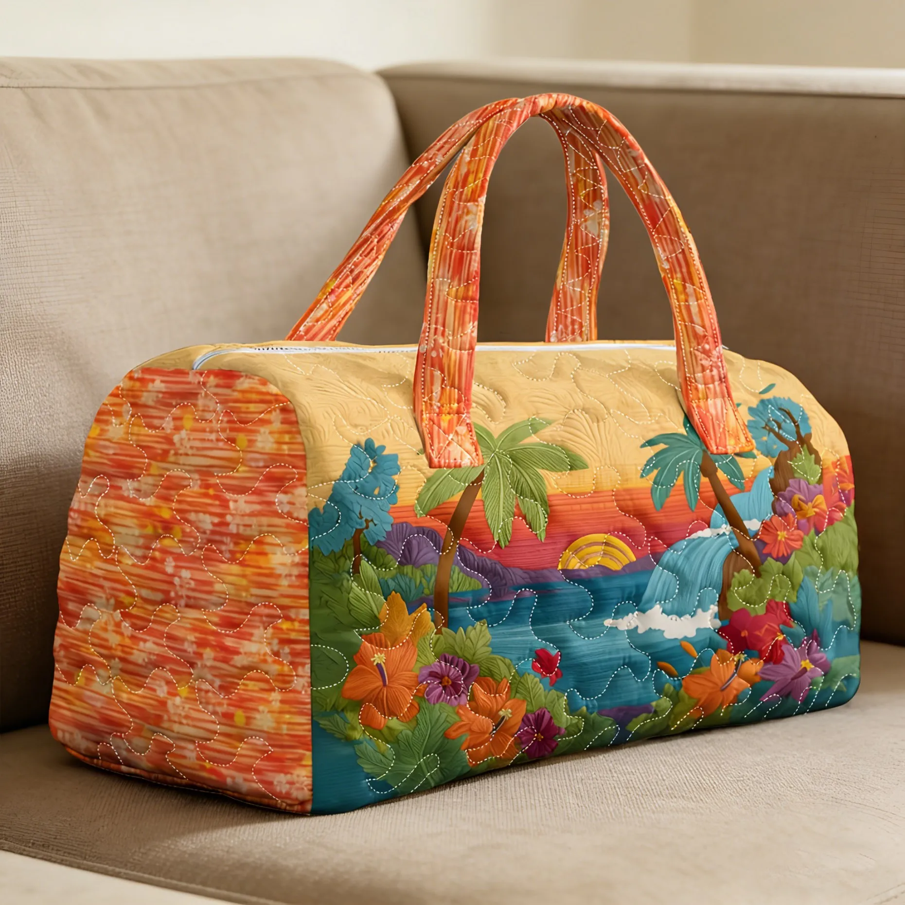 

Quilted Tropical Sunset Duffel Bag Hawaiian Palm Tree Floral Weekender Overnight Tote Large Capacity Lightweight Travel Bag