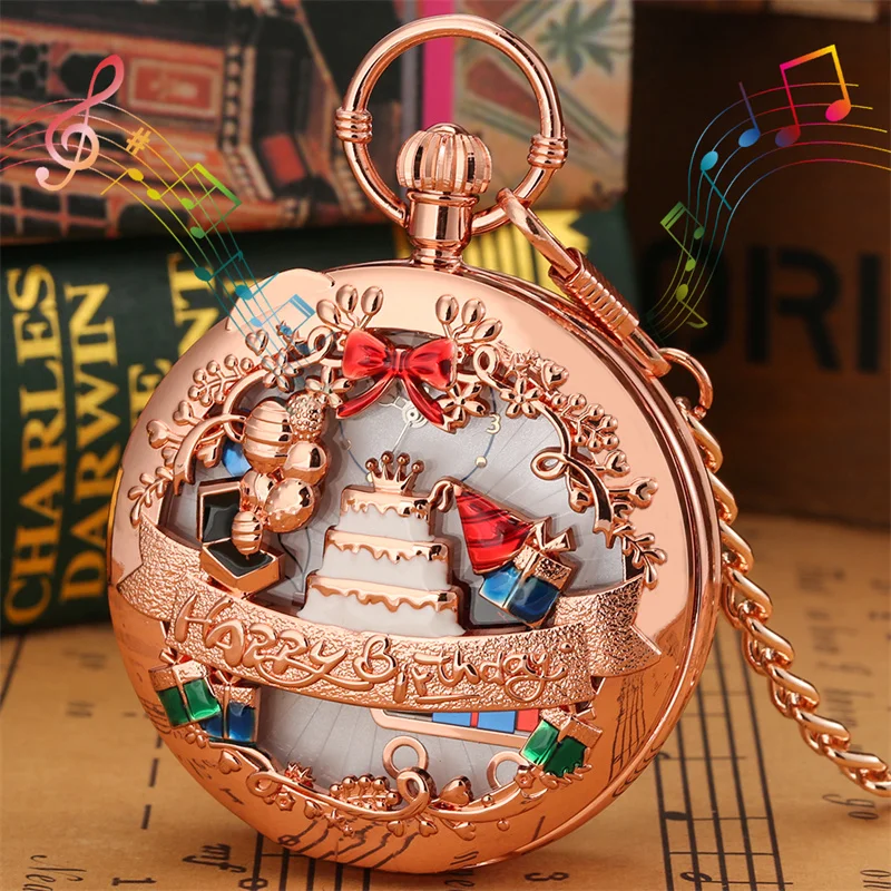 Kreative Geburtstags-Taschenuhr mit Musik und Kuchen-Design, Dekoratives Geschenk mit Manueller Quarz-Bewegung und Kette – Detail 9
