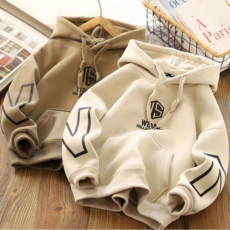 

4-14 Years Winter New Boys Hoodies Autumn Lining Plus Velvet Thick Warm Sweatshirt For Teen Boys Letter Print Pullover Tops