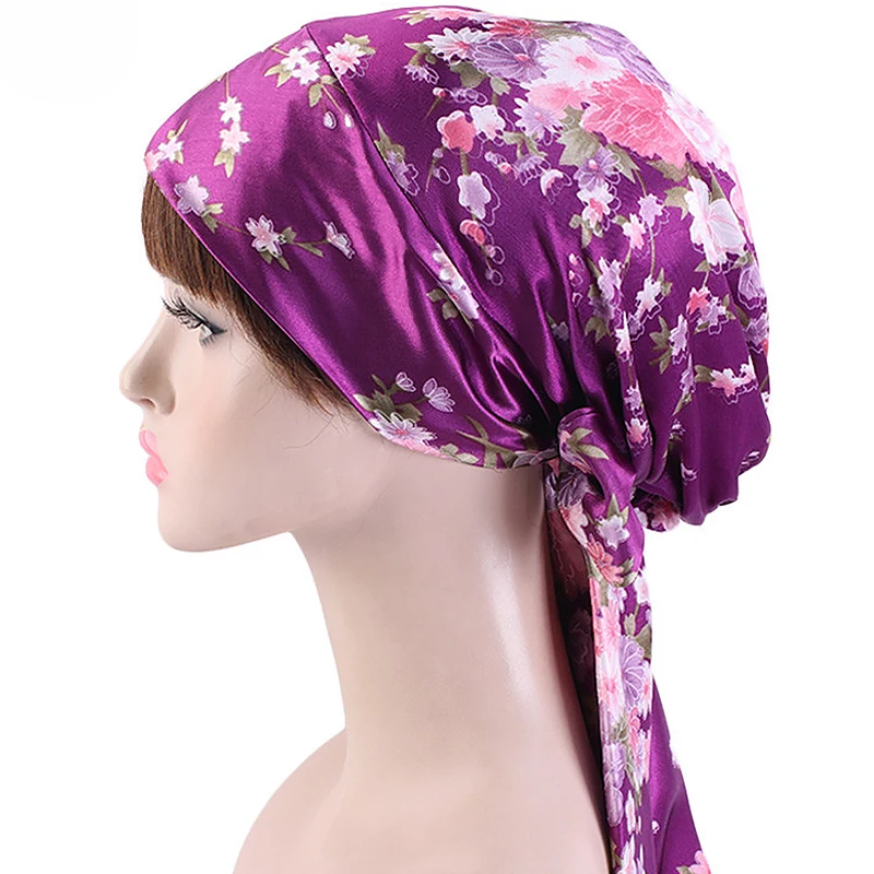 Women Flower Print Head Wrap Turban Hat Head Scarf Hjiab Night Cap Chemo Caps Satin Bowknot Soft Muslim