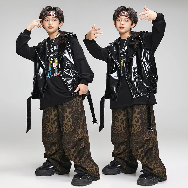 

Kid Hip Hop Clothing Black Faux Leather Sleeveless Jacket Vest Leopard Casual Wide Pants for Girl Boy Jazz Dance Costume Clothes