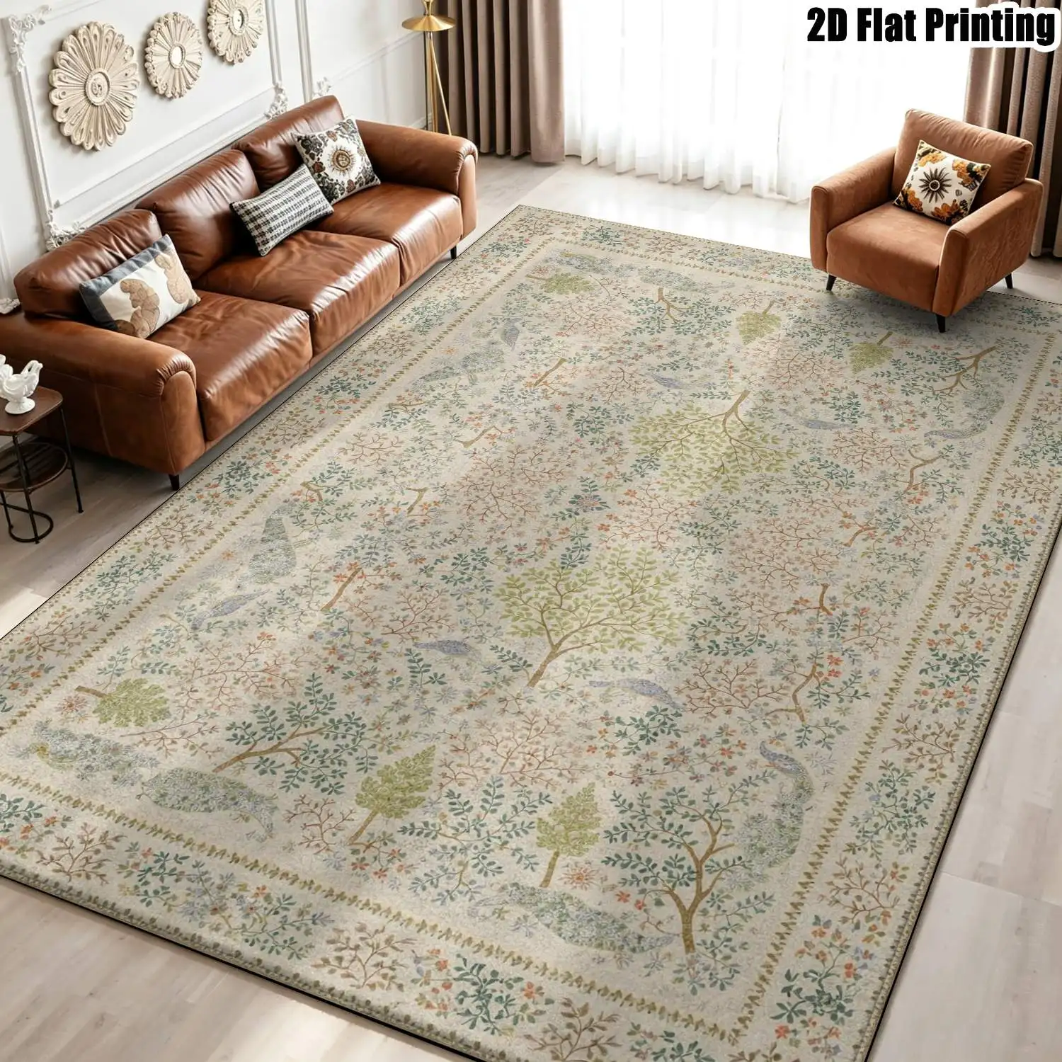 1Pc 2D Printed Carpet: Beige Leaf & Flower Patterns, European/Retro/Pastoral/Geometric Style, Home Decor, Multiple Sizes, Machine Washable, for Living Room, Bedroom, Dining Room, Entrance, Study