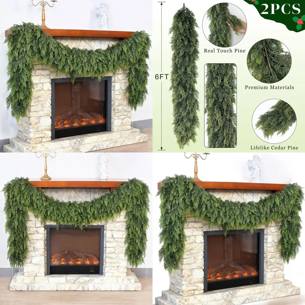 

6ft Artificial Green Cedar Garland - Lush Fake Pine for Fireplace, Table, Window, Stairs, Mantel, Indoor/Outdoor Christmas Decor