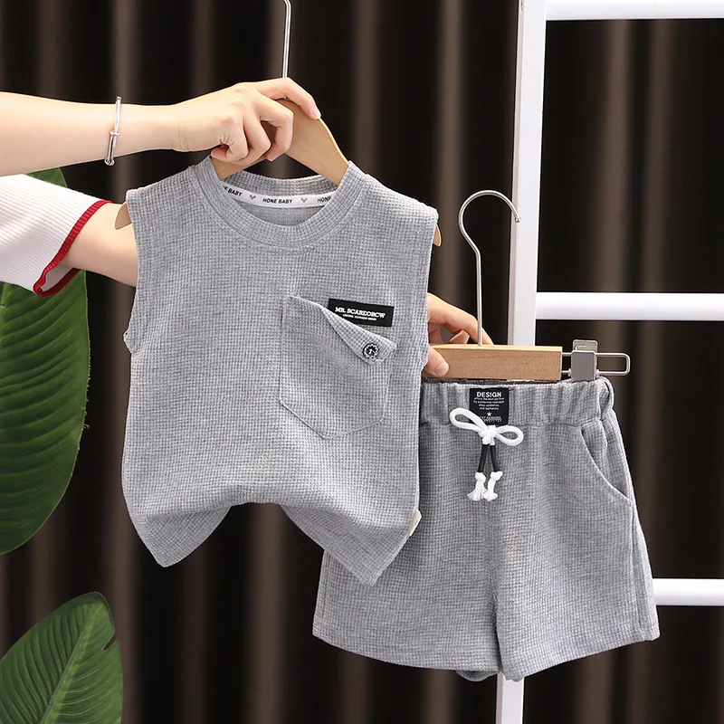 Baby summer suit Korean style little boy summer pure color flap pocket pants 2-piece set boys summer clothes kidsren\'s sleeve