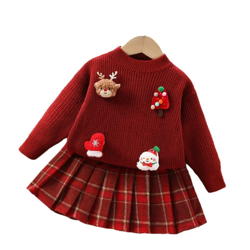 Girls Sweater Set Autumn and Winter New Cute Cartoon Christmas Red Pullover Knitted Sweater Plaid Short Skirt Two-piece Set