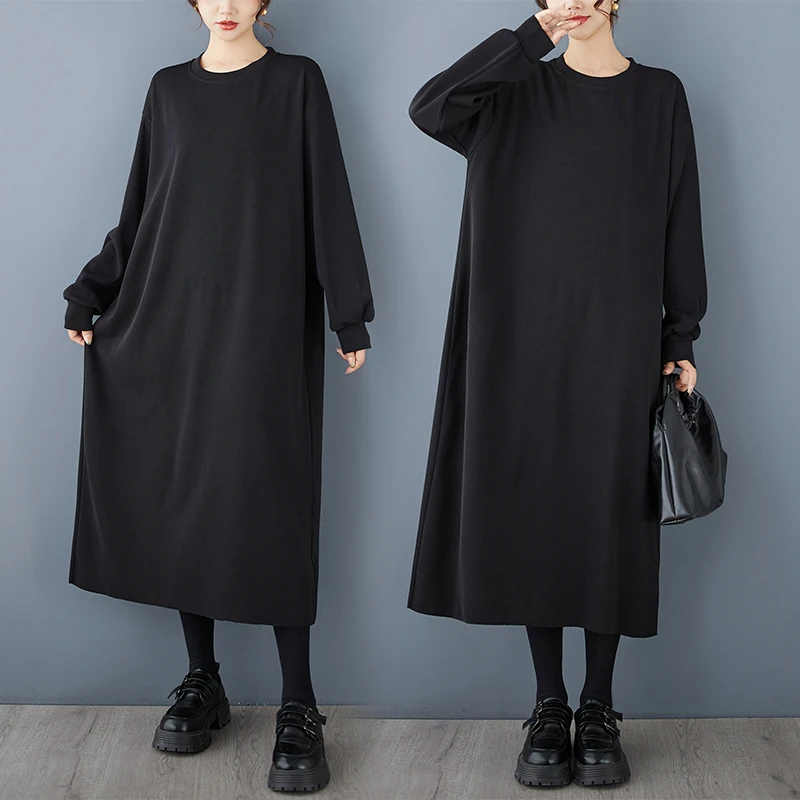 Dark Style Slimming Black Dress Straight Cut Long Over-Knee Midi Dress Autumn Winter Inner Wear Fashion plus Size Women's Dress