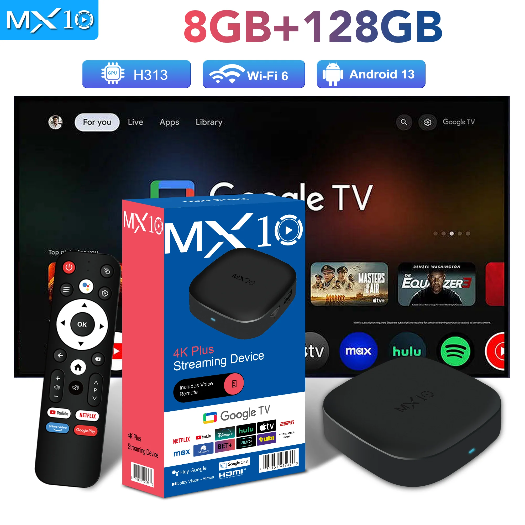 4K Streaming TV Box MX10‑M3 Android13 Allwinner H313 8GB 128GB EMMC Flash WiFi6 BT5.4 Voice Control HDMI2.0 Media Player