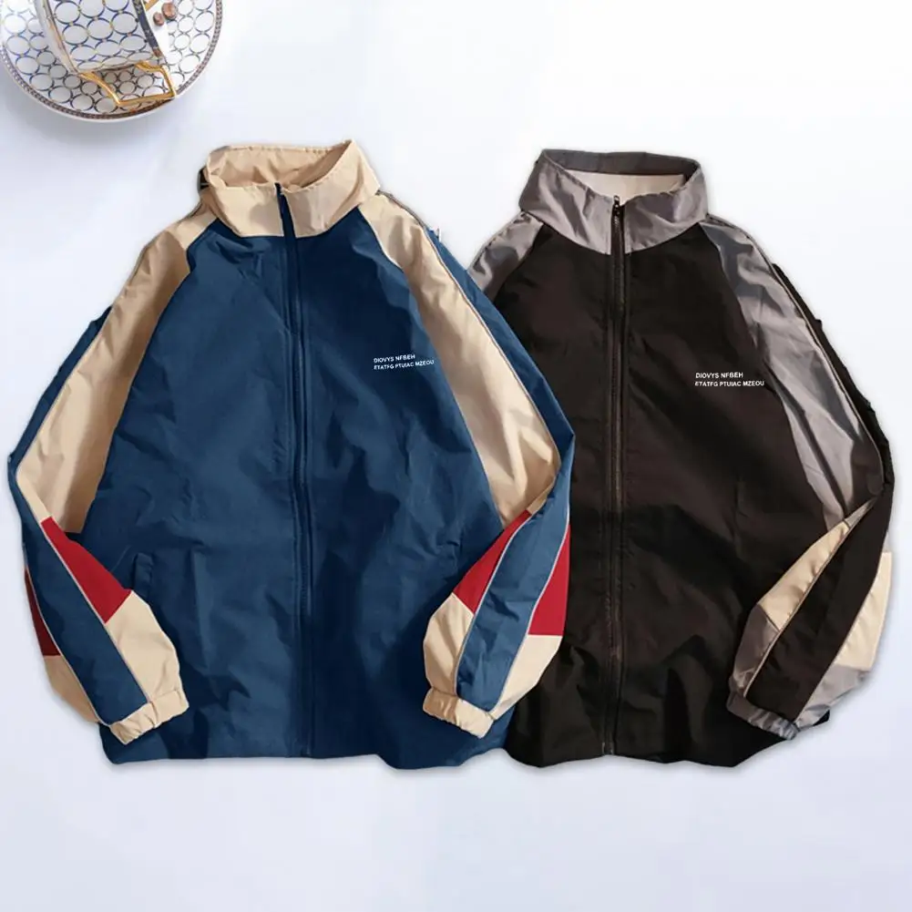 Men Zip-up Jacket Vintage Color Block Men's Jacket with Zipper Closure Stand Collar Windproof Streetwear Coat for Spring Fall
