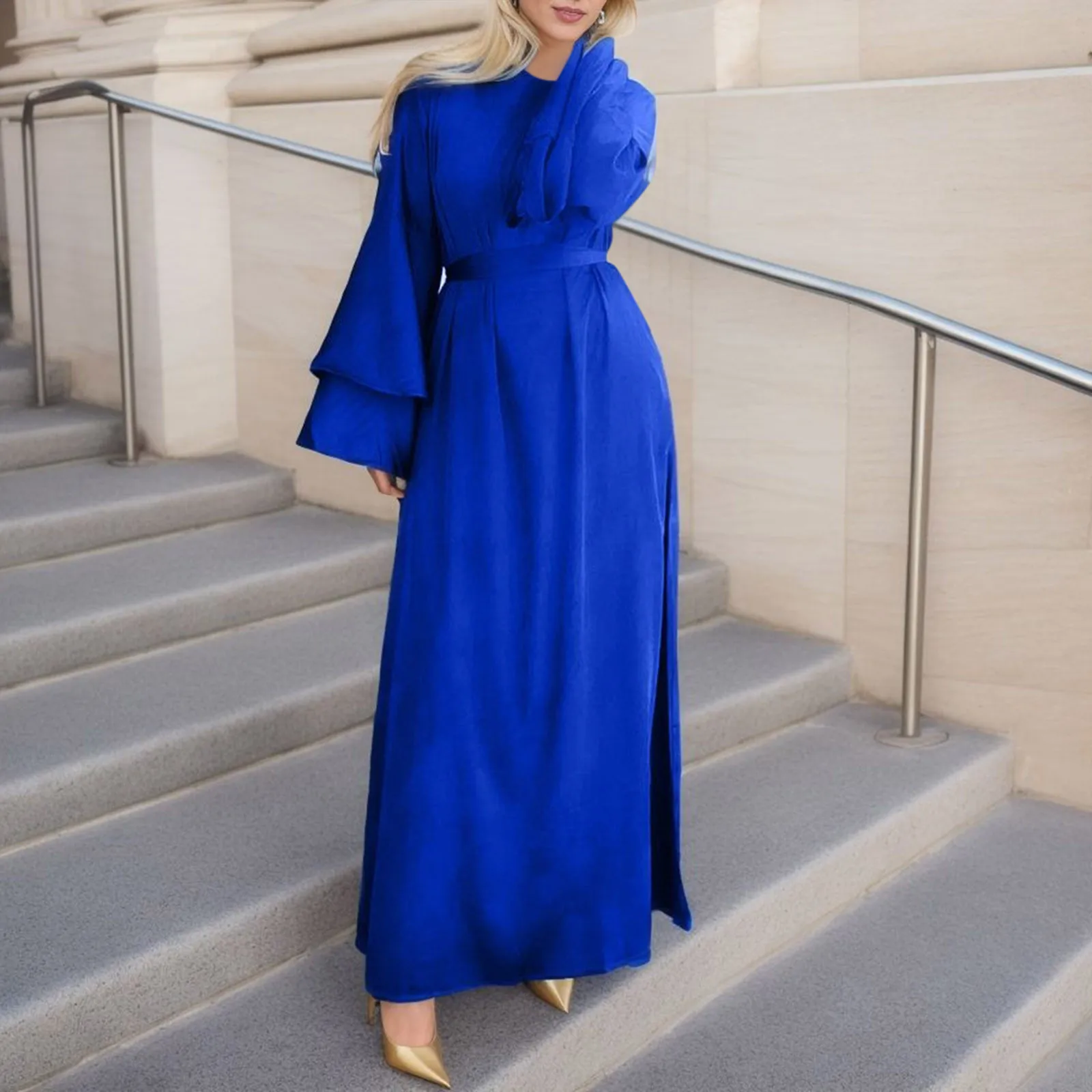 Vestido largo de manga larga con cintura de manga abullonada, tela de verano de hielo con manchas de súper alta calidad, Vestido de estilo de Hada de Color liso