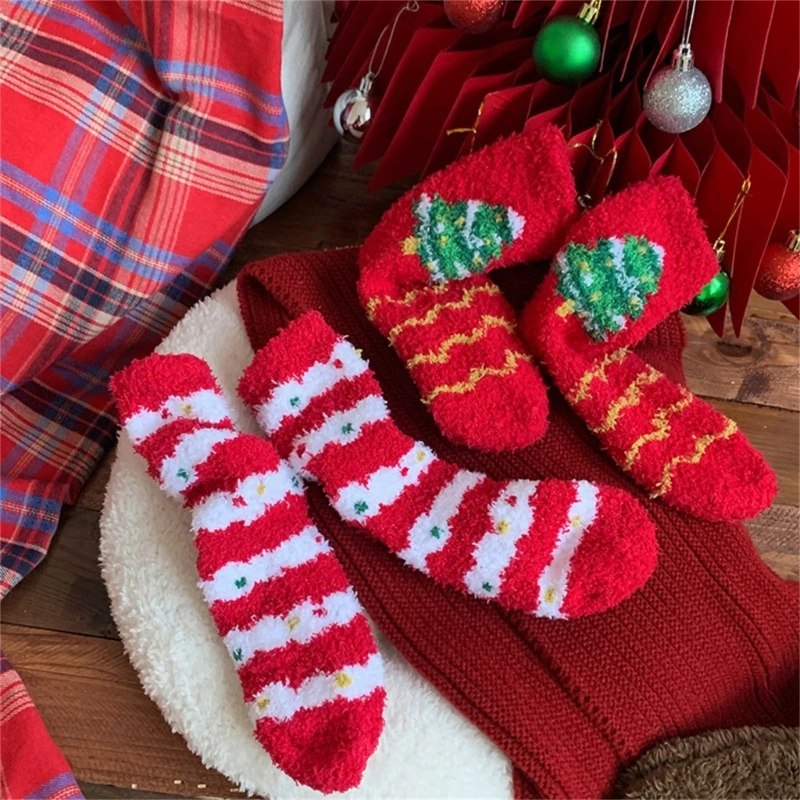 Cozy Coral Fleece Slipper Socks with Cartoon Christmas Theme for Women Holiday Indoor Fuzzy Floor Socks Hosiery