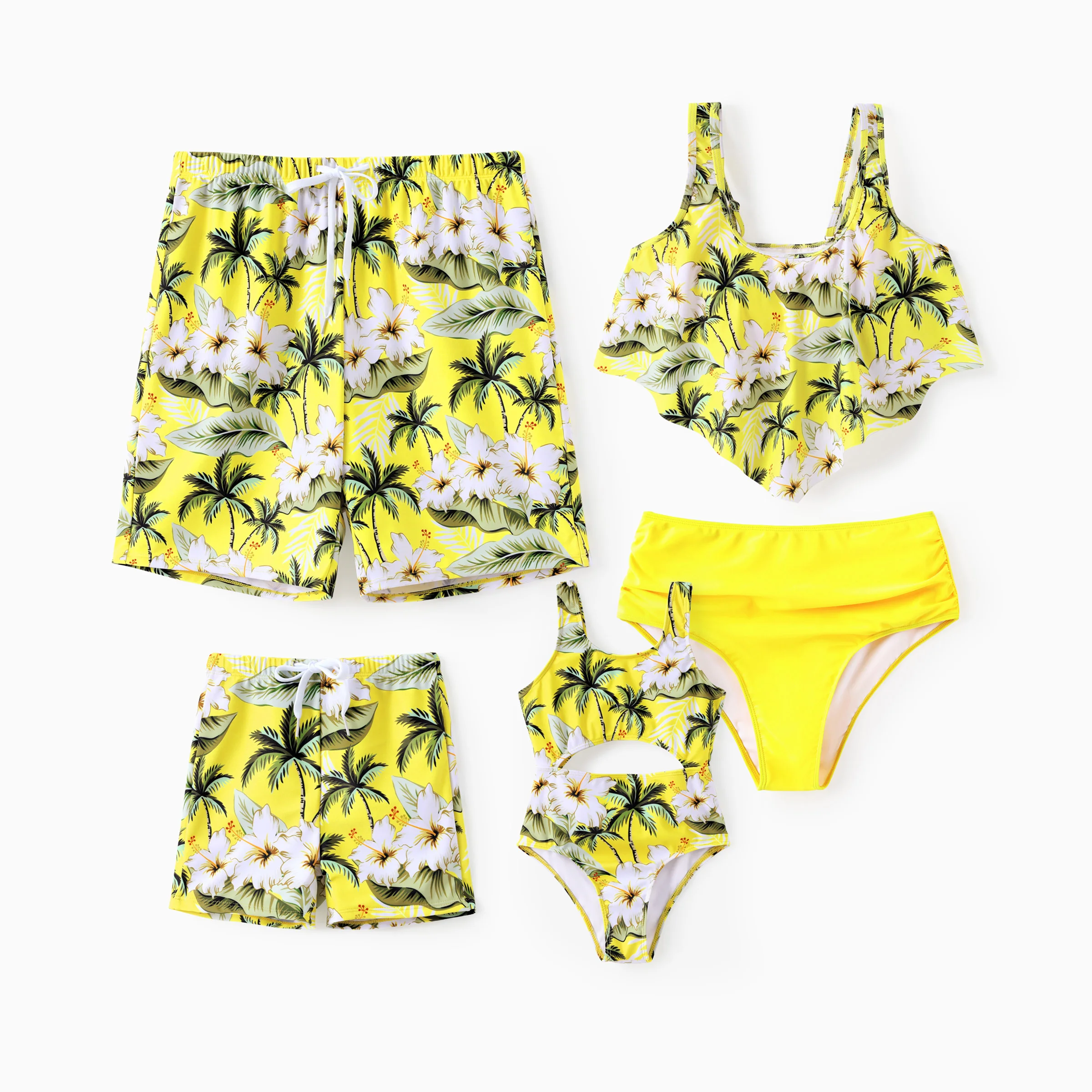 

PatPat Family Matching Hawaiian Swimsuits Tropical Palm Yellow Swim Trunks or Ruffle Flounce Bikini Swimwear Set