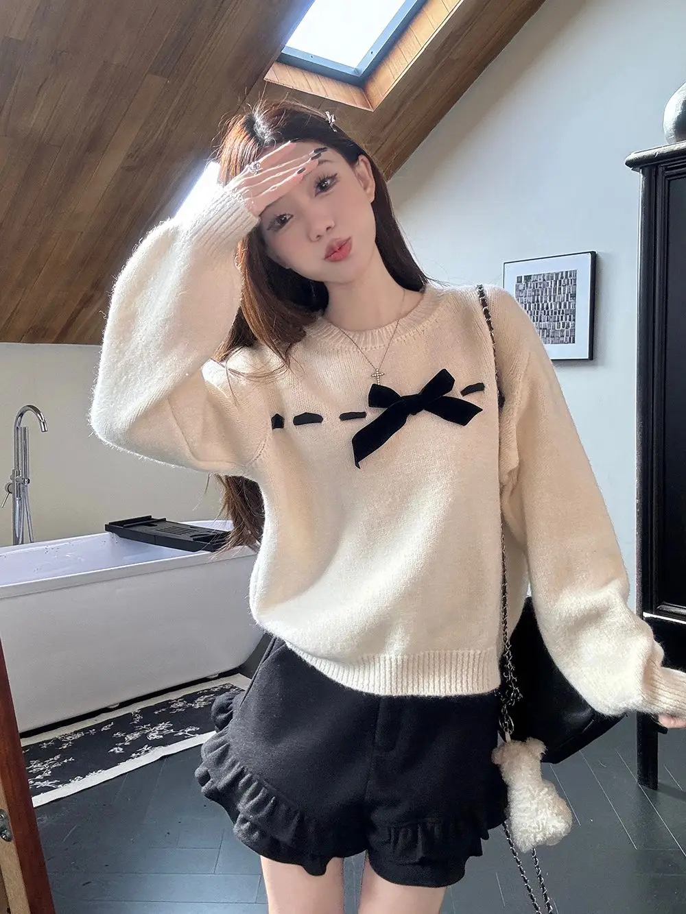 Sweet Velvet Bow Y2k Sweater Women Autumn Winter O Neck Loose Long Sleeve Pullover Korean Simple Versatile Tops Jumper