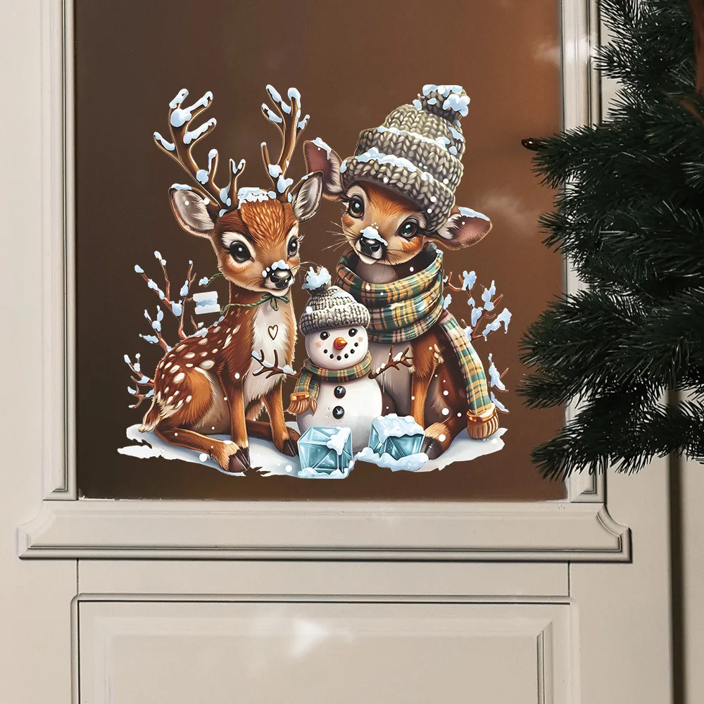 Christmas Elk Snowman Wall Sticker New Year Glass Window Decor Mural For Christmas Home Decoration Self-adhesive Festival Decals