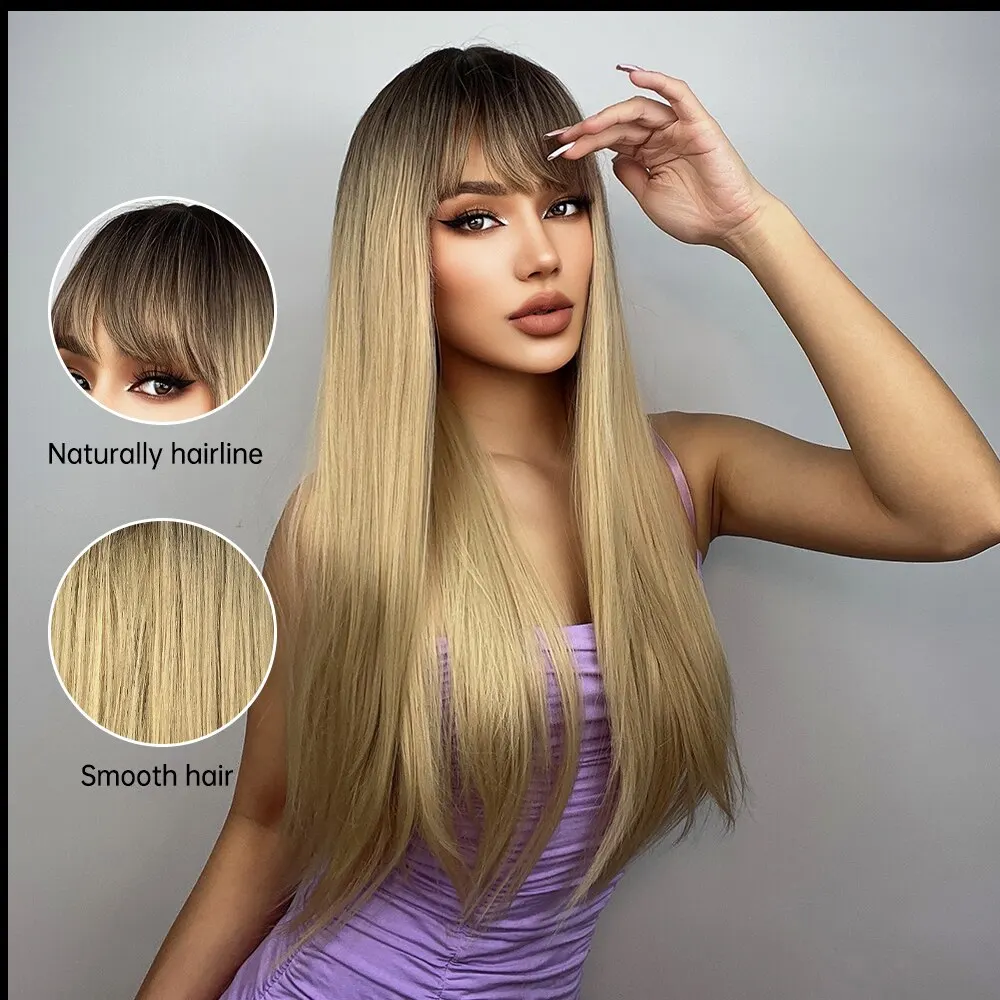 Brown Wigs For White Women Long Ombre Yellow Wigs With Bangs Synthetic Fashion Wig Cosplay Daily Use Heat Resistant Fiber