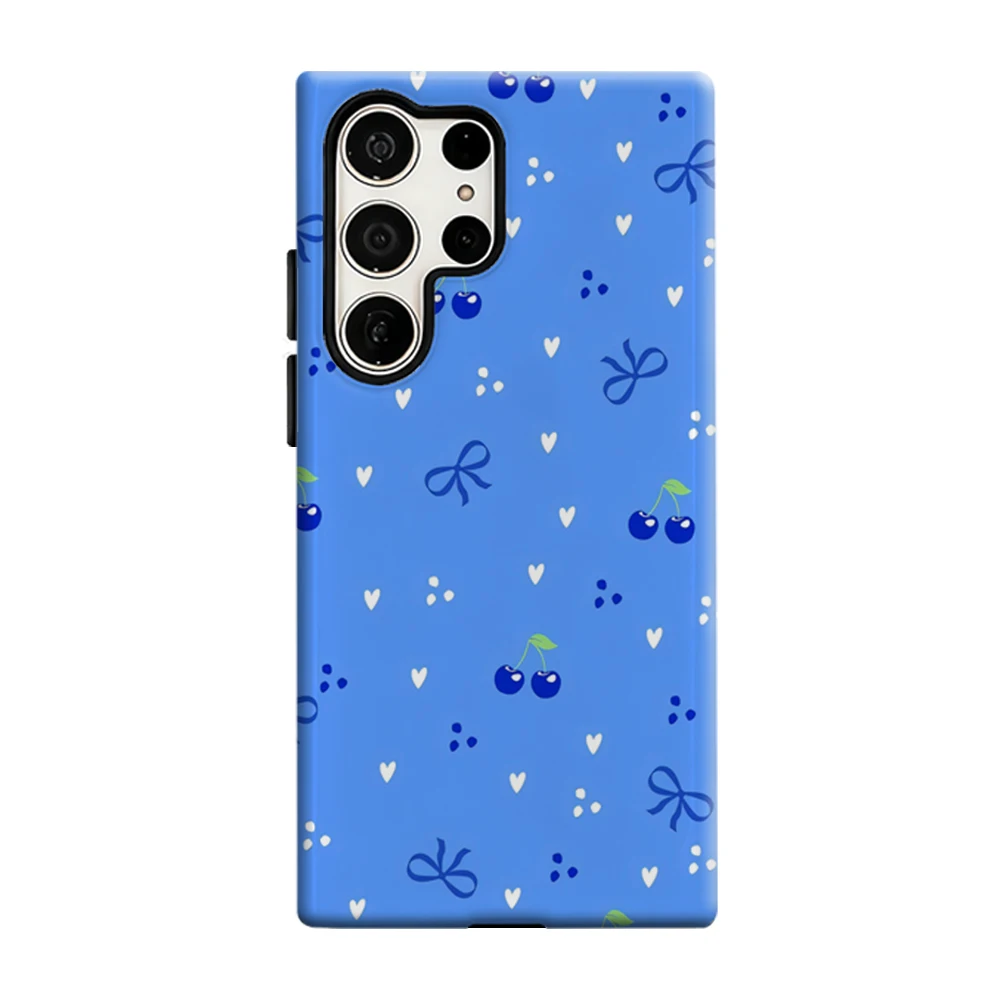 حافظة هاتف كرزية زرقاء لهاتف سامسونج جالاكسي S25 Ultra S24 S23 Ultra Plus غطاء خلفي لامع بطبقة مزدوجة