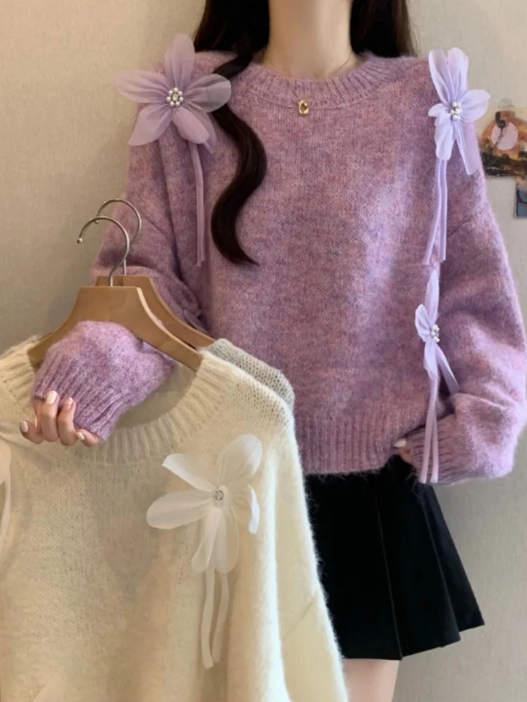 Doce outono e inverno casual quente grosso malha pulôver camisola doce estilo feminino tridimensional arco decoração camisola