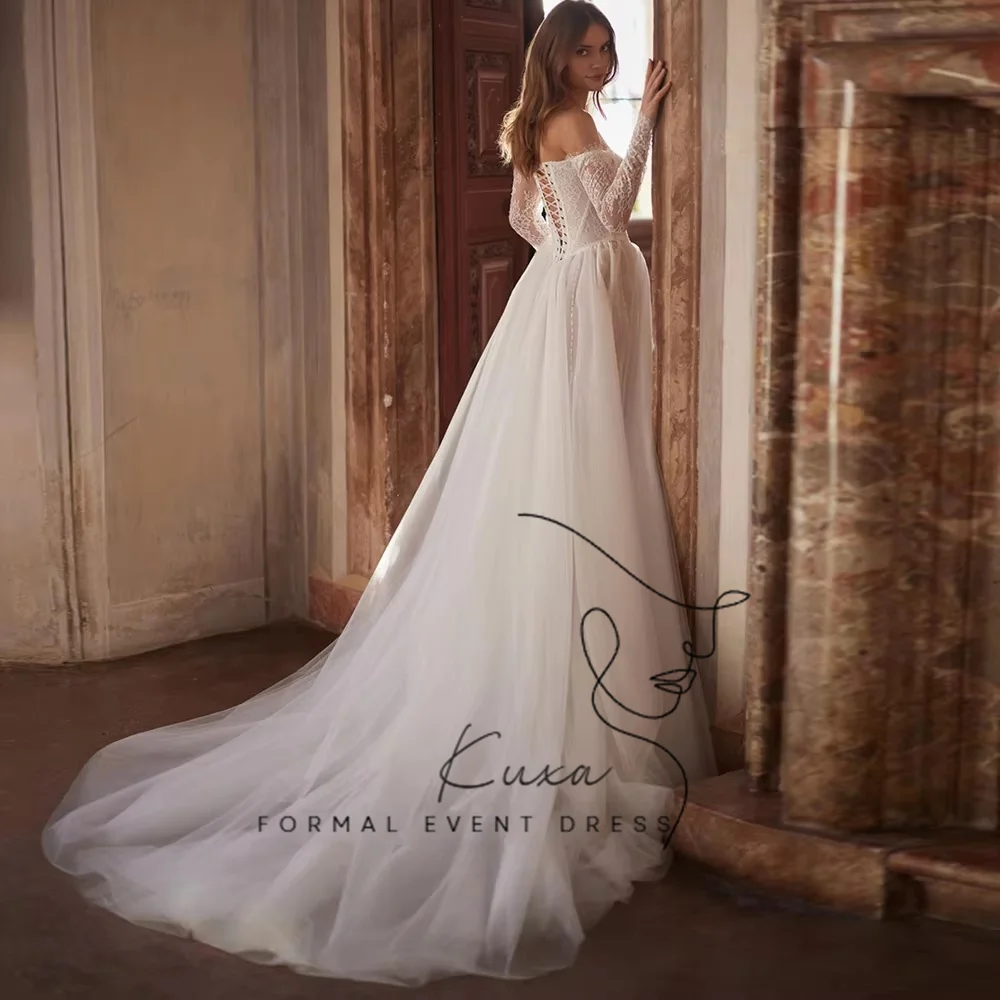 KUXA Customized Sexy Corset Wedding Dress New Arrival Sweetheart Long Sleeves Beading See Through Applique Tulle Bridal Gown