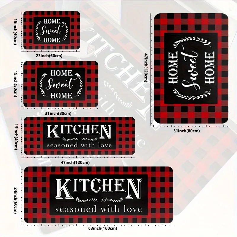 VIKAMA 1/2pcs Black Red Anti-Fatigue Kitchen Runner Rug Buffalo Plaid Floor Standing Mat Waterproof Non-Slip Mat for Home Decor