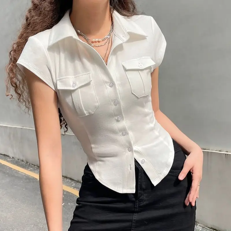 Fashion Sweet Young Style Design Exposed Navel Spicy Girl Shirt Women Solid Lapel Button Patchwork Pocket Slim Short Sleeved Top