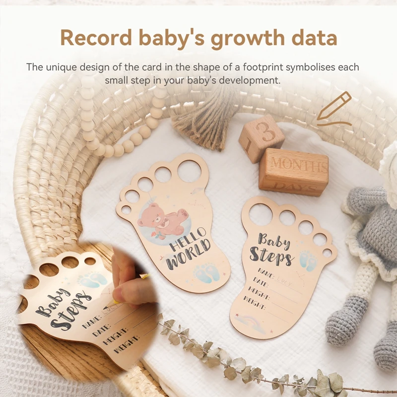 2Pcs Wooden Baby Monthly Memories Milestone Cards Foot Shaped Photography Prop Milestone Card Baby Growth Announcement Cards