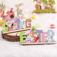 Easter Decors Letter Ornaments Carving Wooden Bunny Carrot Crafts Welcome Spring Tabletop Ornament Happy Easter Day Party Decor