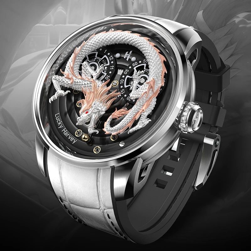 Lucky Harvey Luxury China Dragon Watch For Man Automatic Mechanical Sapphire Men Watches Business Party
