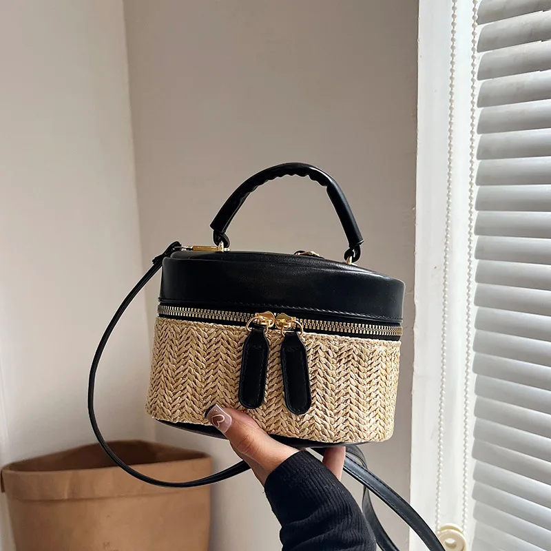 New Straw Bucket Bag Beach Bag2024New Portable Texture Makeup Box Bag Mori Styleins Women's Bag