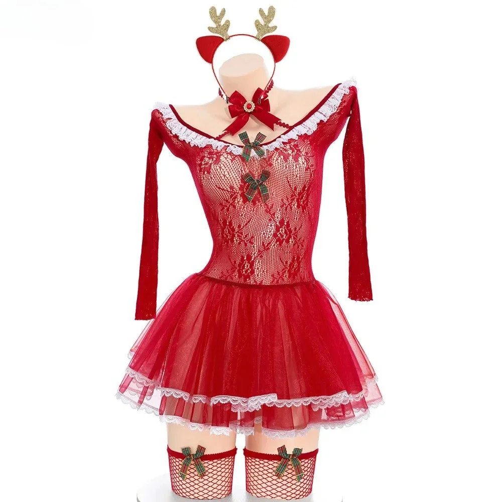 

Christmas Day Women Red Mesh Dress Cosplay Costume Xmas Anime Girl Santa Claus Uniform Outfits Role Play Underwear Nightdress
